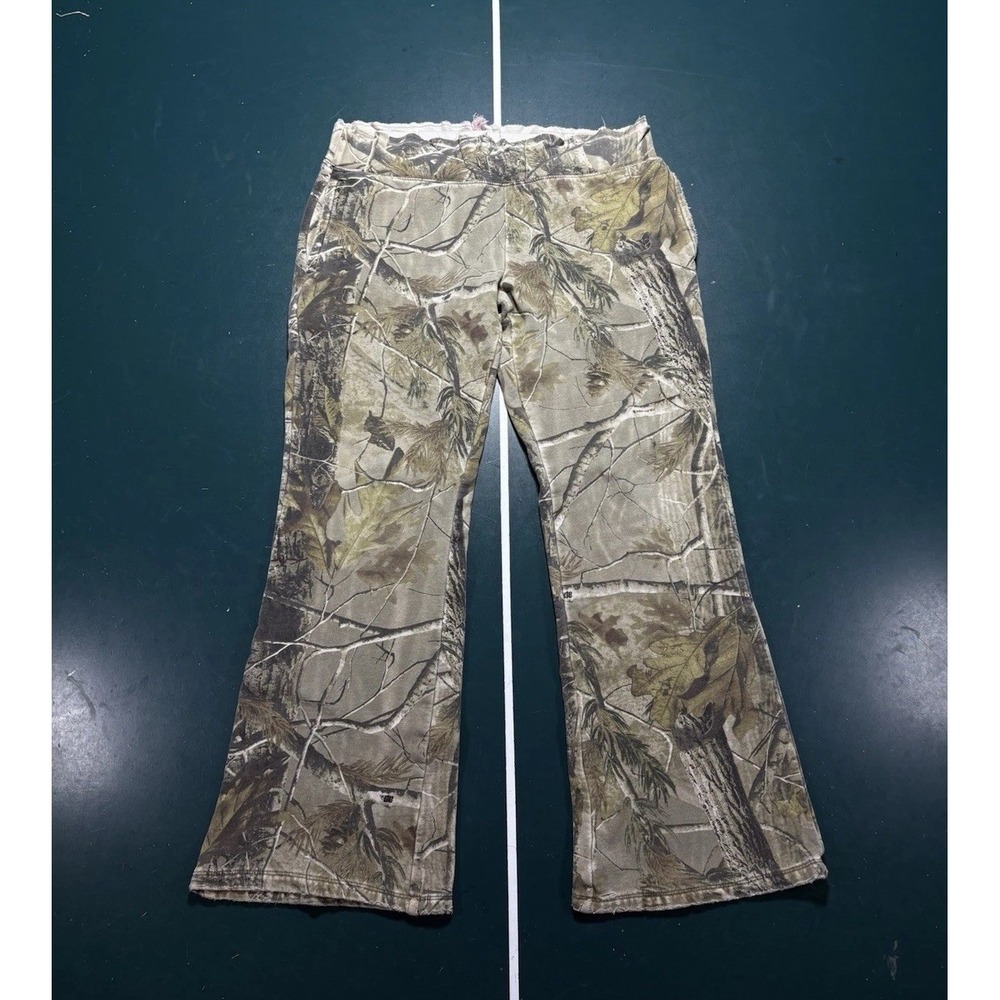 Realtree Camo Flared Sweatpants Women's Large Hunting Baggy Wide Leg Distressed